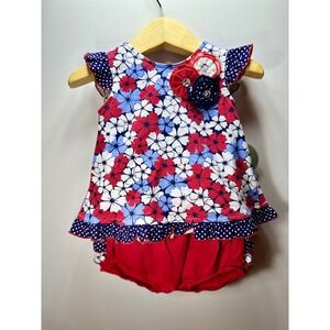 Nannette Baby Girls Floral Polka Dot Ruffle Top and Bloomer Set Red Blue 12M